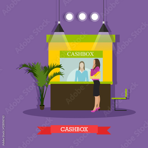 Vector illustration of bank cashier, cashbox, customer standing near it