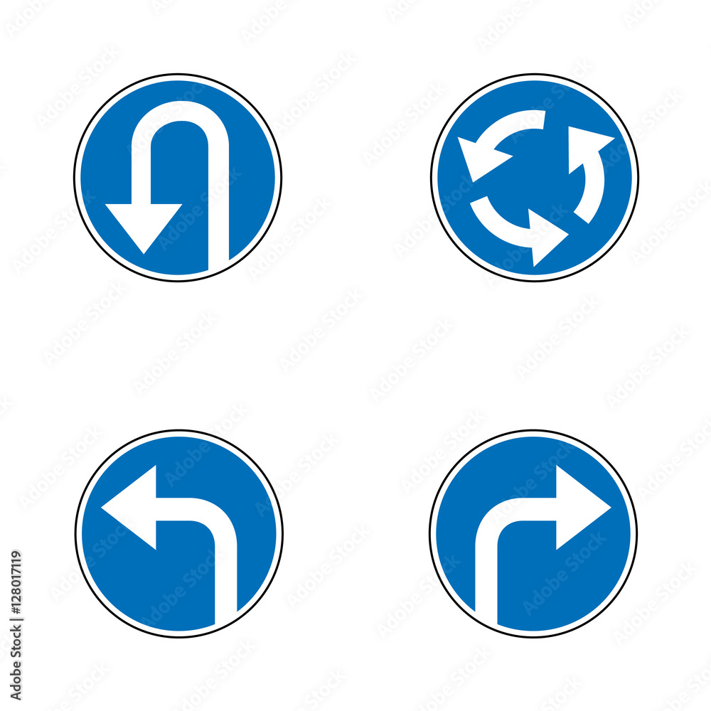 Set of variants a U-Turn forbidden - road sign isolated on white background. Group of as fish-eye, simple and grunge icons for your design. Vector illustration. Set of variants a U-Turn forbidden - road sign isolated on white background. Group of as fish-eye, simple and grunge icons for your design. Vector illustration.