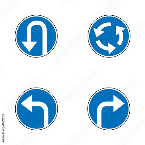 Set of variants a U-Turn forbidden - road sign isolated on white background. Group of as fish-eye, simple and grunge icons for your design. Vector illustration.