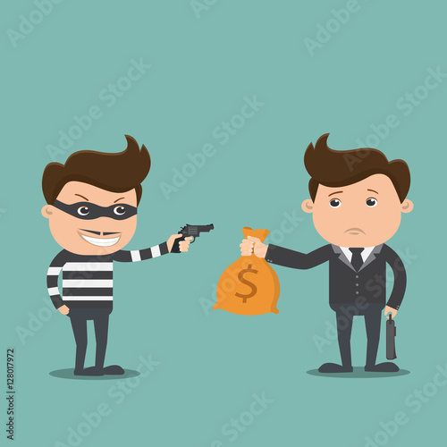 Bandit threatens with a gun to business man and money bag , Crime concept  - vector illustration