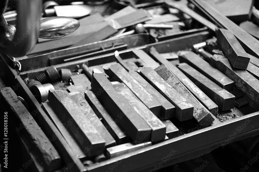 Tool of Obsolete lathe. Black-and-white photo.