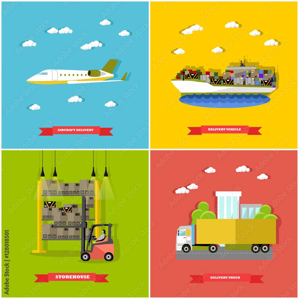 Fotografie Vector set of delivery vehicle concept design elements, flat style