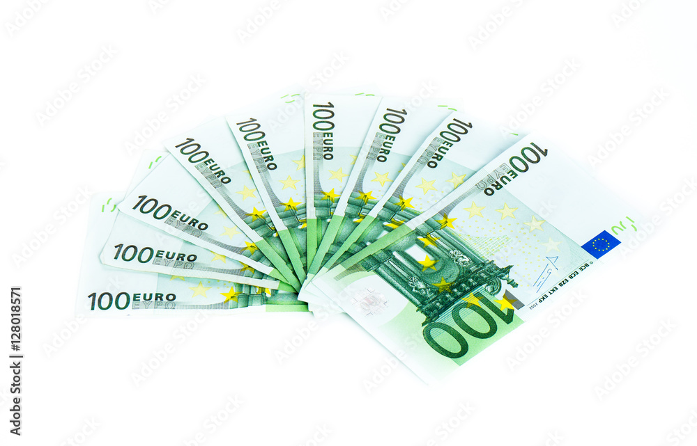 one hundred euro bills isolated on white background. banknotes c one hundred euro bills isolated on white background. banknotes c