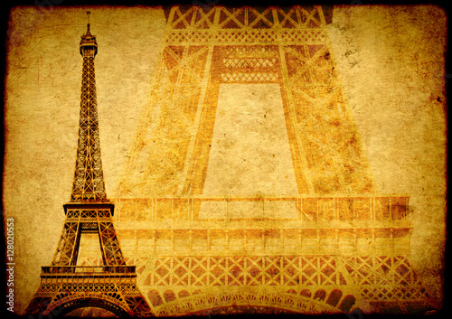 Grunge background with paper texture and landmark of Paris photo