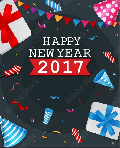 Happy New Year greeting card design with confetti and fireworks