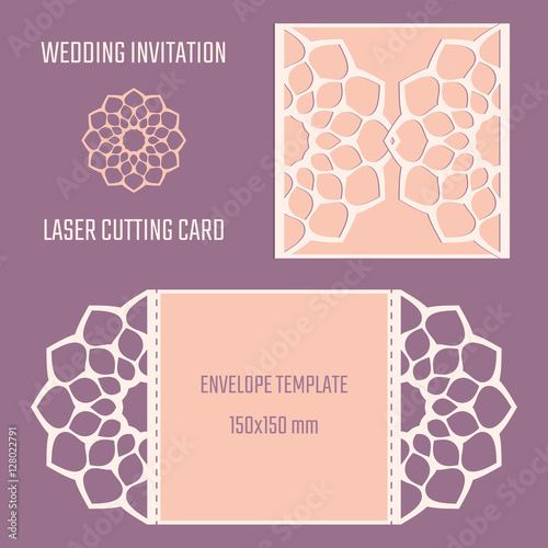 DIY laser cut vector envelope. Wedding die cut invitation template. Cutout silhouette card. Fretwork envelope. Paper cutting. Scrapbook cutout template.