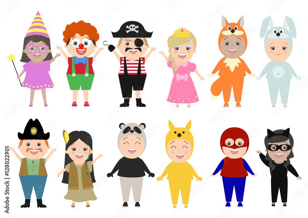 Children in carnival costumes, set, isolated on white background. Vector  cartoon Stock Vector