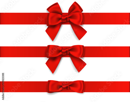 Decorative red bow with horizontal ribbon isolated on white. Vector set of bows for page decor
