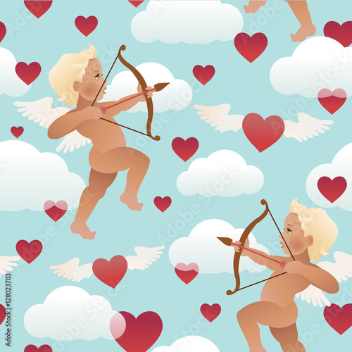 Cupid angel with bow and arrow aiming at someone's heart. Seamless illustration. Valentine's day. 