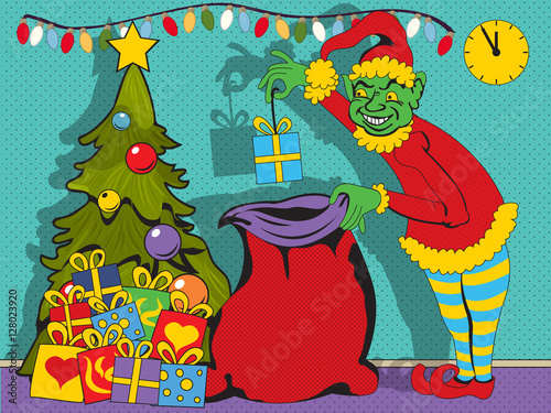 Bad elf collecting gifts under the Christmas tree
