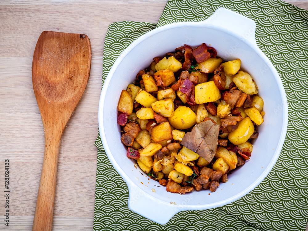 French cuisine Lardons Fried cubed pork belly , bacon and cube Stock