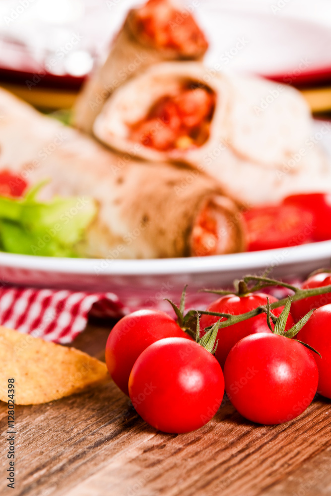 Tortilla wraps with chicken and vegetable. Tortilla wraps with chicken and vegetable.