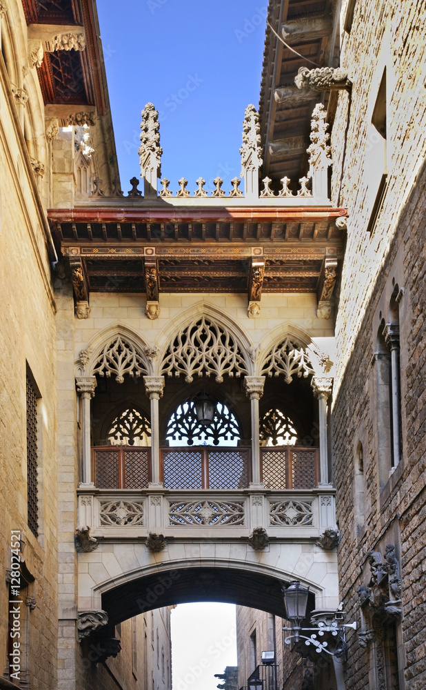 Carrer del Bisbe in Gothic Quarter. Barcelona. Spain