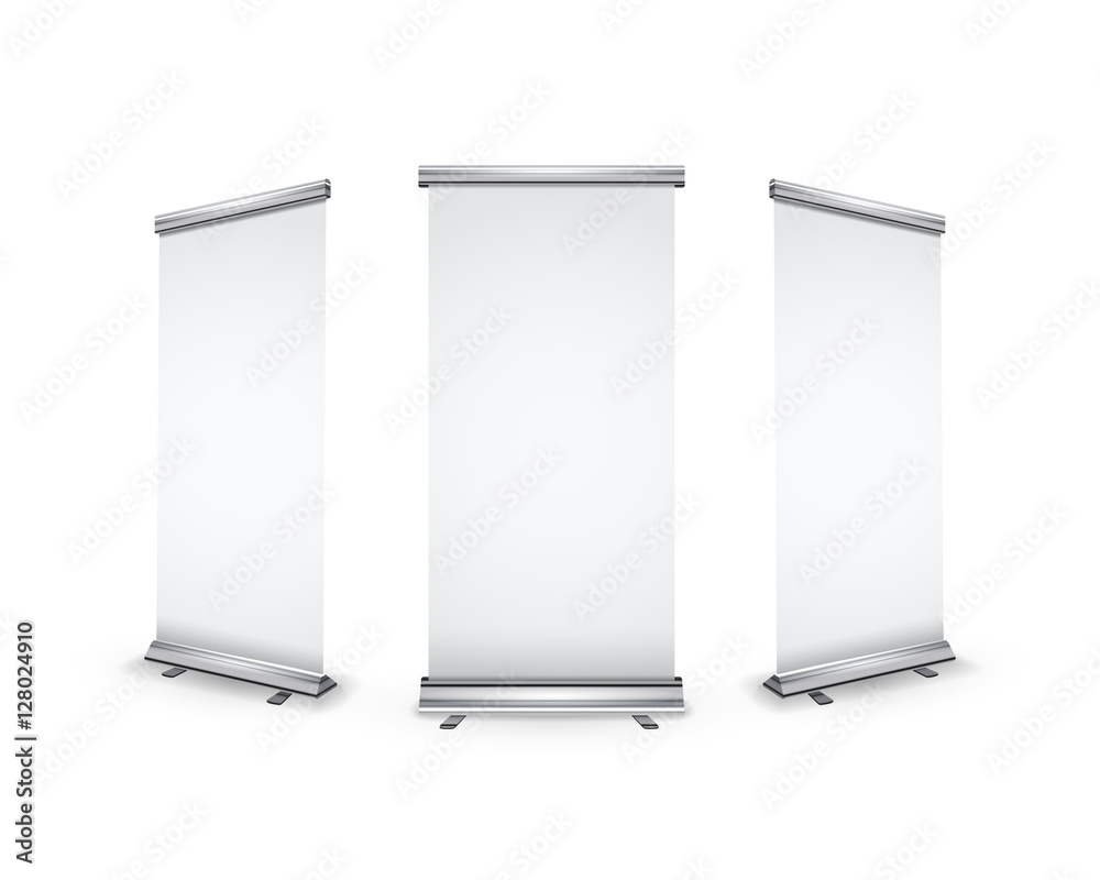 Three blank realistic roll-up banners with shadow on white Three blank realistic roll-up banners with shadow on white