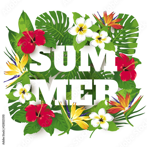 Advertising emblem with type design and tropical flowers and plants. Tropical paradise. Summer.