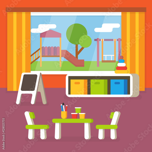 Kindergarten classroom, preschool room interior. Flat design vector illustration