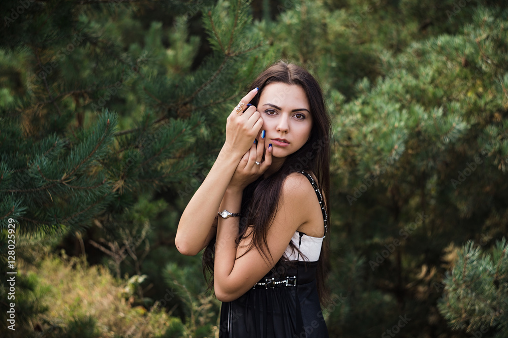 Graceful charming brunette model posing in black dress in coniferous park Graceful charming brunette model posing in black dress in coniferous park