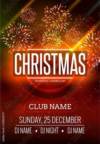 Christmas party poster design with fireworks light. New year disco flyer template. Celebration invitation card banner