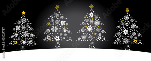 vier geschmückte Weihnachtsbäume auf schwarzem grund