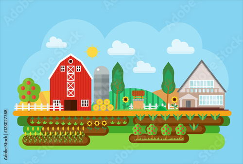 Vector agricultural village landscape flat concept illustration. Village barn, warehouse buildings with sown field and fruits tree. Agricultural Cityscape little town landscape.