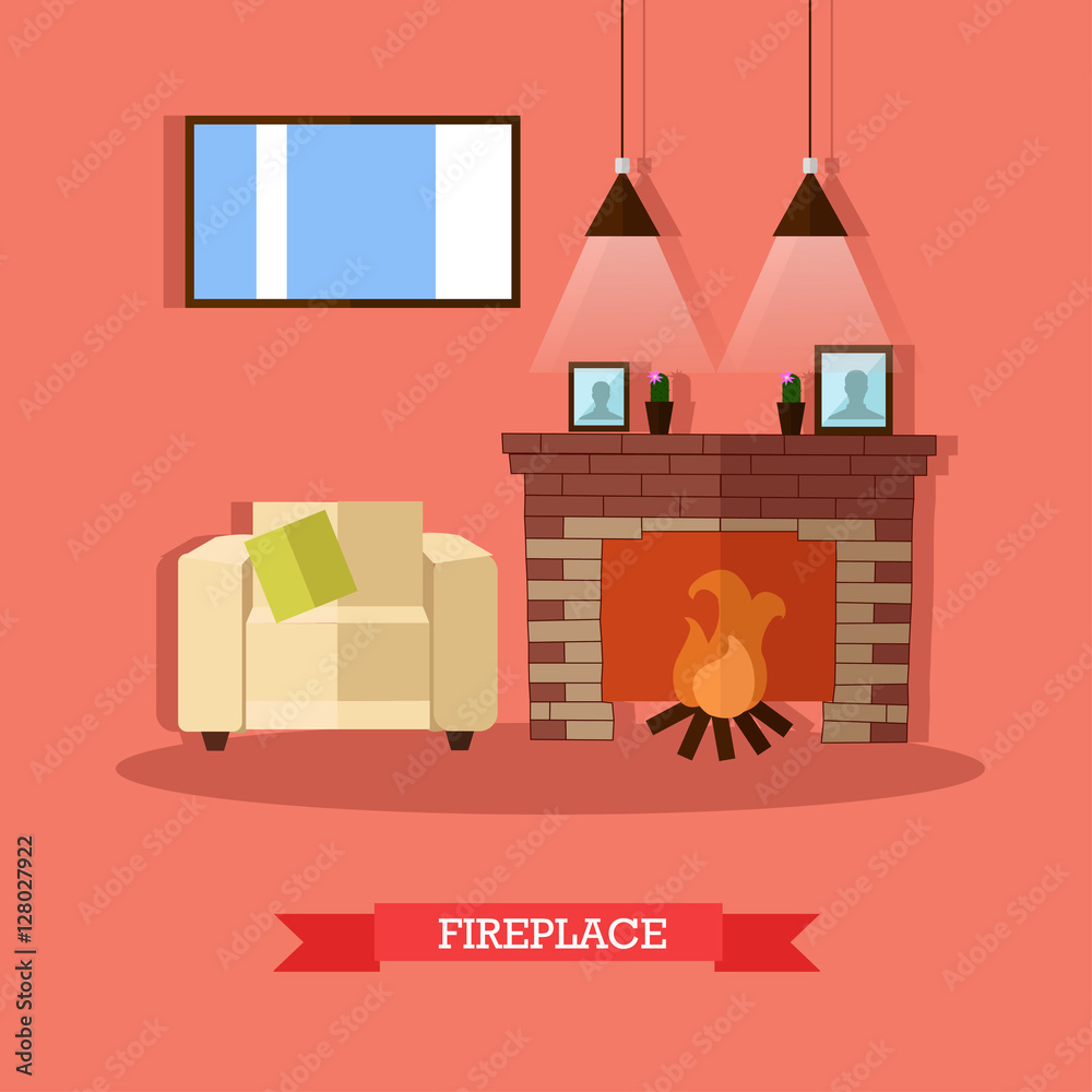 Vector illustration of fireplace, home interior design element, flat style