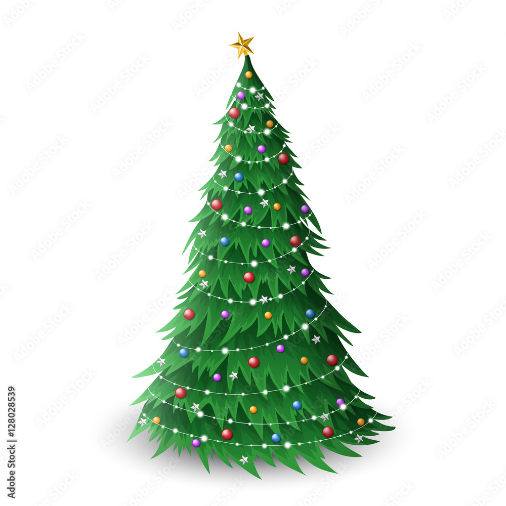 Christmas tree with colorful bauble decoration, stars and light string. Vector illustration isolated on white for greeting card
