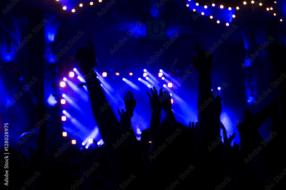 silhouettes of concert crowd in front of bright stage lights
