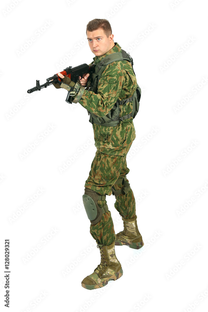 Military serviceman with rifle on white Military serviceman with rifle on white
