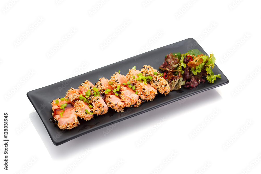 Grilled salmon fillet with sesame isolated on white background Grilled salmon fillet with sesame isolated on white background
