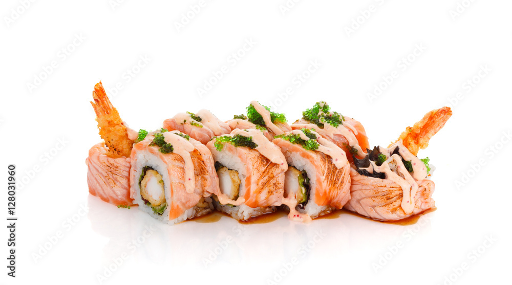 Sushi roll with fried salmon and shrimp in spice sauce isolated on white backgroind Sushi roll with fried salmon and shrimp in spice sauce isolated on white backgroind