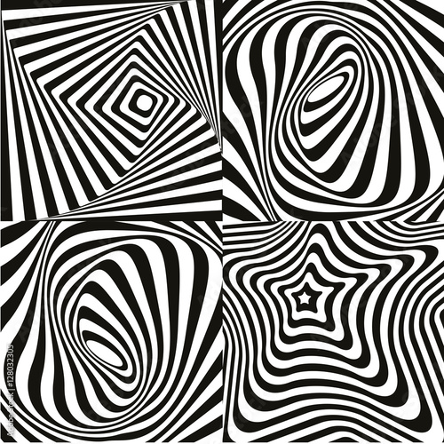 Modern optical art background texture set, different background with concentric black and white stripes. Vector Eps file