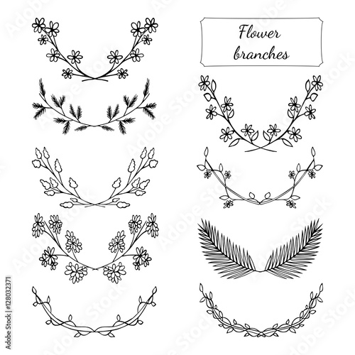 Hand drawn floral set made in vector. Flower branches collection design. Illustration of laurels, banners, floral elements. Greeting card and t-shirt design template. 