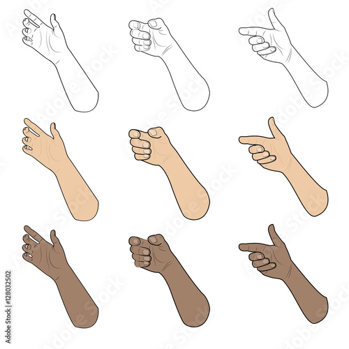 Realistic holding hand collection: set of caucasian and afro different hands grasping something, useful for signs, signage, operating instructions. Vector image, isolated on white background.