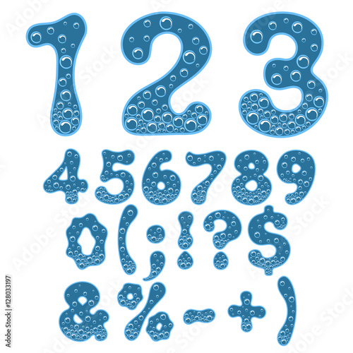 Numbers and symbols of sparkling water. Vector isolated objects.