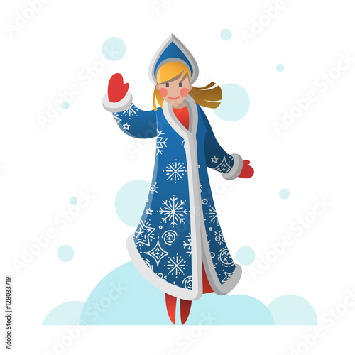 New Year greeting card with cartoon Snow Maiden. Christmas gift card with Snow girl. Winter holiday Xmas postcard with Snegurochka. Vector illustration art