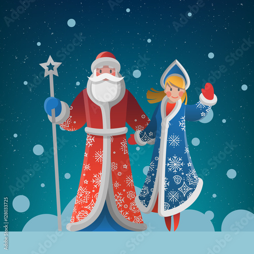 New Year greeting card with cartoon Father Frost and Snow Maiden. Christmas gift card with Santa Claus. Winter holiday Xmas postcard with Ded Moroz and Snegurochka. Vector illustration art