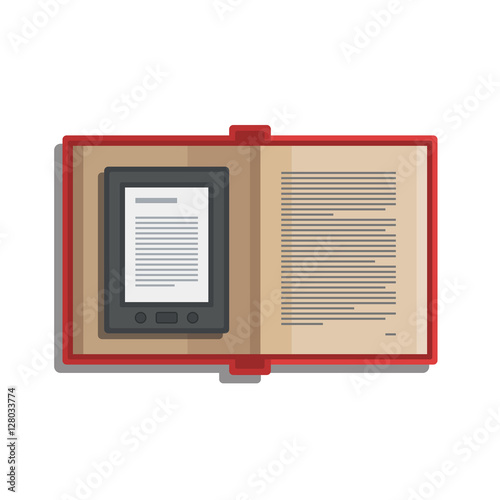 Tablet computer books for reading. Modern device with cloud technology. Mobile education concept. Electronic mobile book with paper book. Flat style vector isolated icon illustration