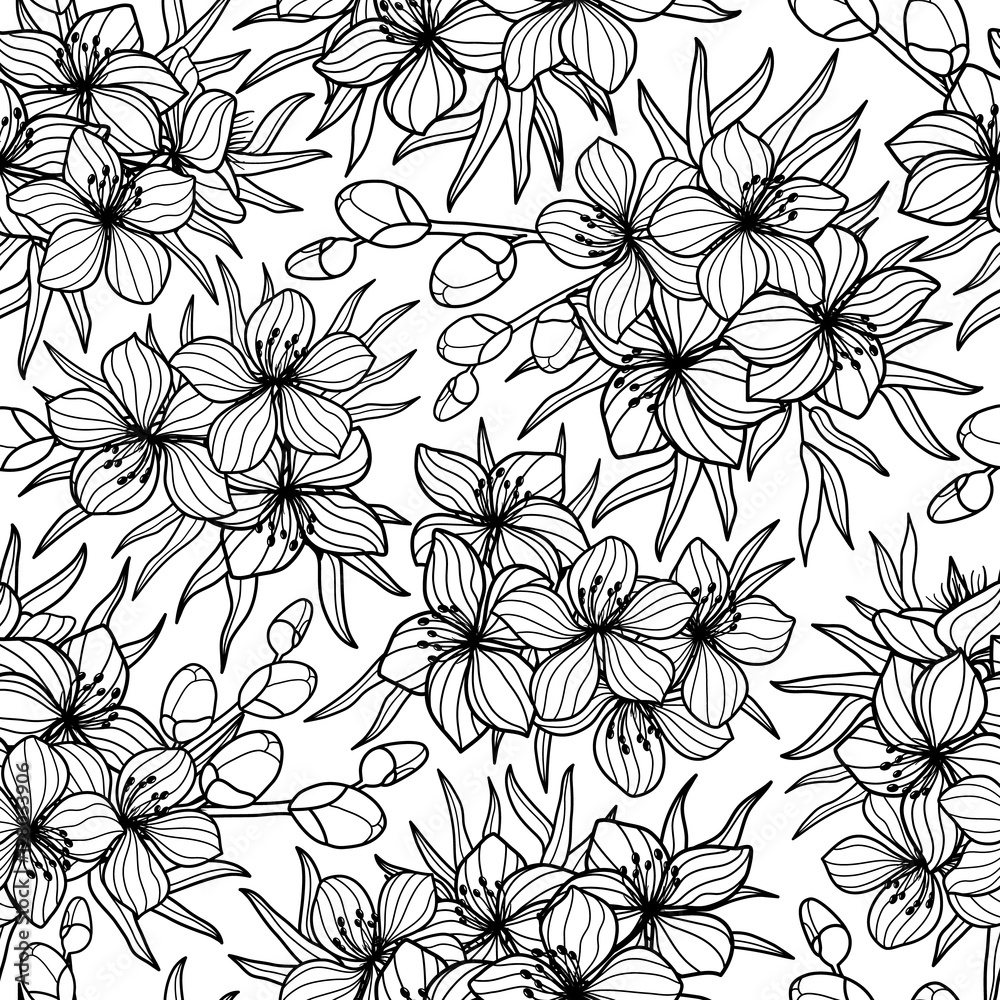 Black and white flower and leaves sketch style seamless vector pattern. Lineart, coloring, blossom seamless background print. Spring summer design for greetings, wedding cards, invitations, textile Black and white flower and leaves sketch style seamless vector pattern. Lineart, coloring, blossom seamless background print. Spring summer design for greetings, wedding cards, invitations, textile