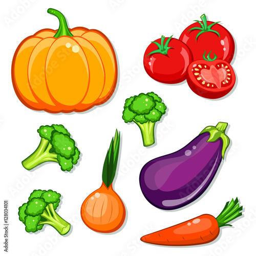 vegetables vector set. Patch, sticker isolated on white background. Cute Pumpkin, carrot, onion, eggplant, broccoli, tomatoes. Vegan healthy eating, vegetarian organic food, diet. Comics cartoon style
