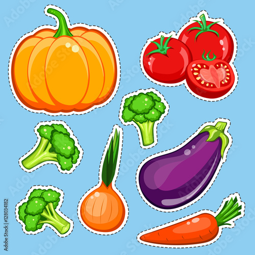 vegetables vector set. Patch, sticker isolated on blue background. Cute Pumpkin, carrot, onion, eggplant, broccoli, tomatoes. Comics cartoon style. Vegan healthy eating, vegetarian organic food, diet