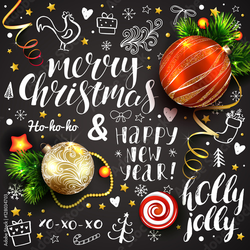  Hand drawn Christmas elements and calligraphy inscriptions