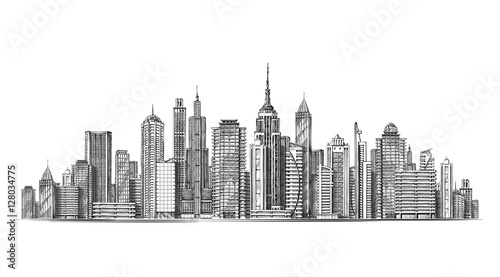 City. Architectural modern buildings in panoramic view. Sketch vector illustration