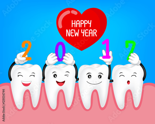 Happy new year 2017 with cute cartoon tooth and heart. Illustration isolated on blue background.