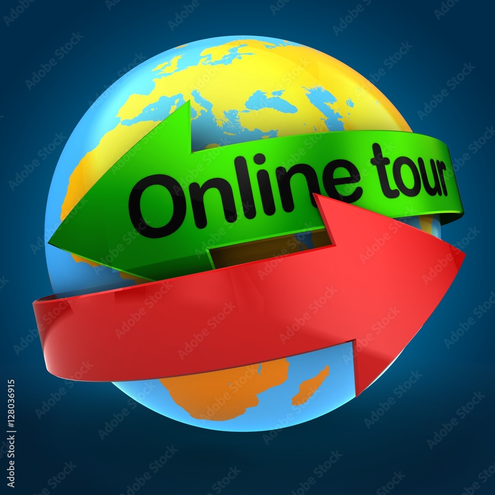 3d illustration of orange Earth globe over blue background with online