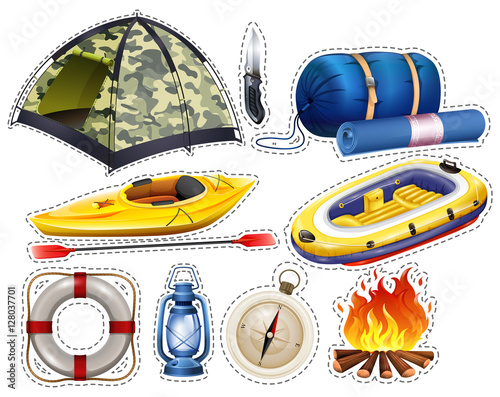 Camping sticker set with tent and sleeping bag