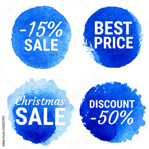 Vector christmas sale, best price round shapes on white background. Hand drawn watercolor blue stains set. Winter holidays labels.