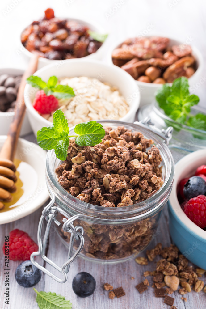 Homemade chocolate granola ingredients, nuts, oats, honey and berries on white wooden background. Healthy brakfast concept. Homemade chocolate granola ingredients, nuts, oats, honey and berries on white wooden background. Healthy brakfast concept.