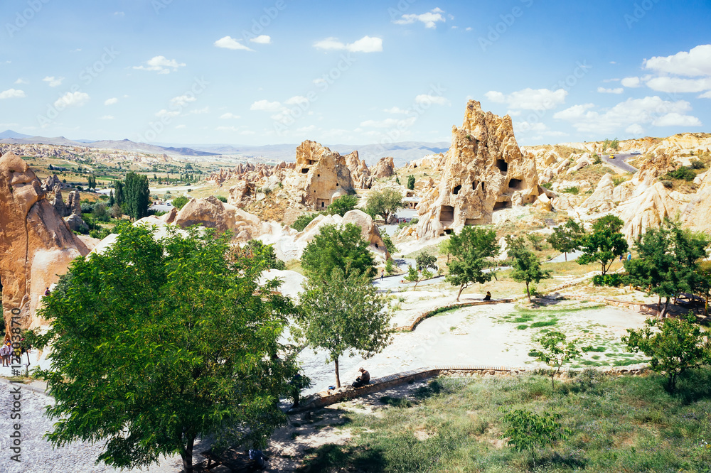 Rock formations landscape photography in Central Anatolia, mountains in Goreme National Park, outdoor Turkey. Open air Museum in Cappadocia