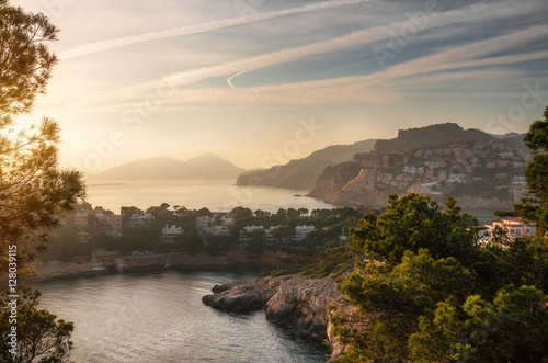 Aerial view of Village of Port Andratx and villas of Cap de sa Mola at sunset, Mallorca, Baleares, Spain photo