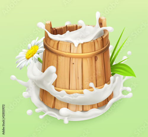 Milk. Rustic style. Wooden bucket. Natural dairy products. 3d vector icon